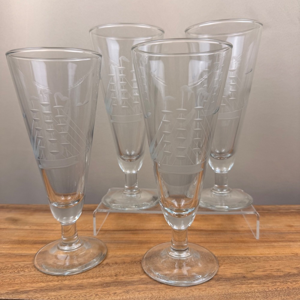 Vintage Javit Crystal Etched Clipper Ship Pilsner Glasses Set of 4 Nautical Bar